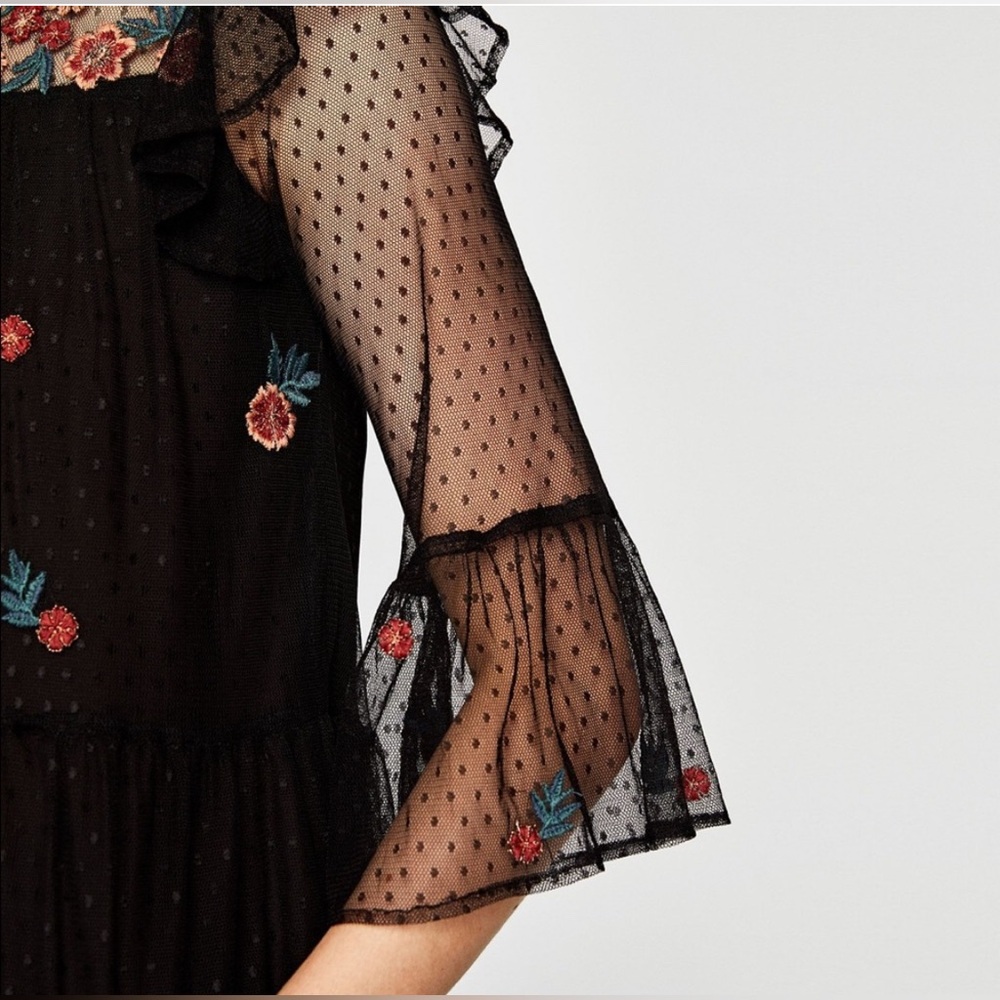 Zara Black Sheer Blouse with Floral Embroidery - Picture 8 of 12